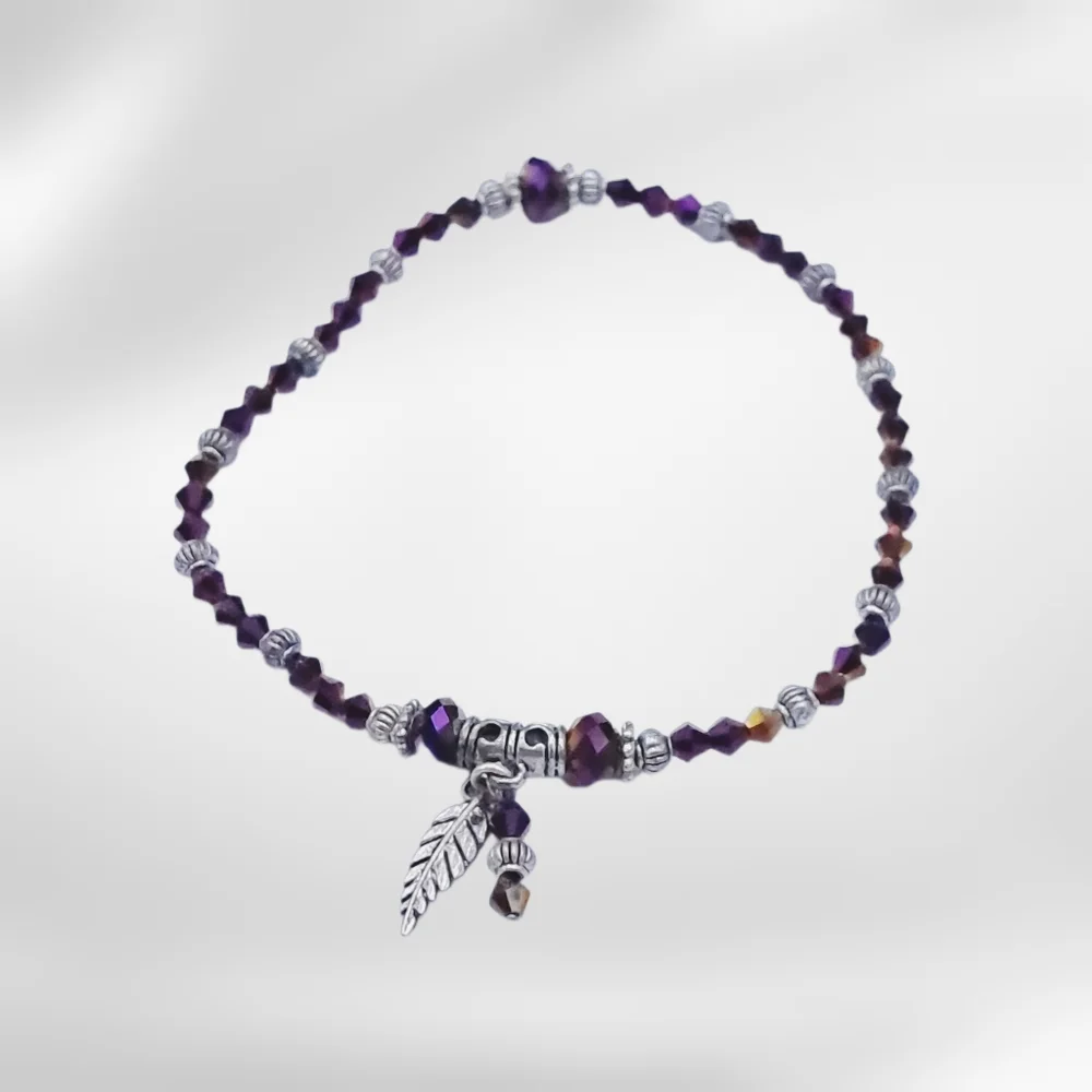 Purple Faceted Bead Stretch Bracelet with Silver-Tone Leaf Charm